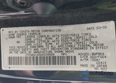 2002 Toyota Highlander z USA, uszkodzony, nr VIN JTEGD21A920035608